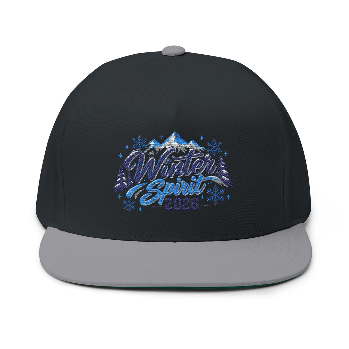 Winter Spirit 2026 Flat Bill Cap – Embroidered Snow Mountain Snapback