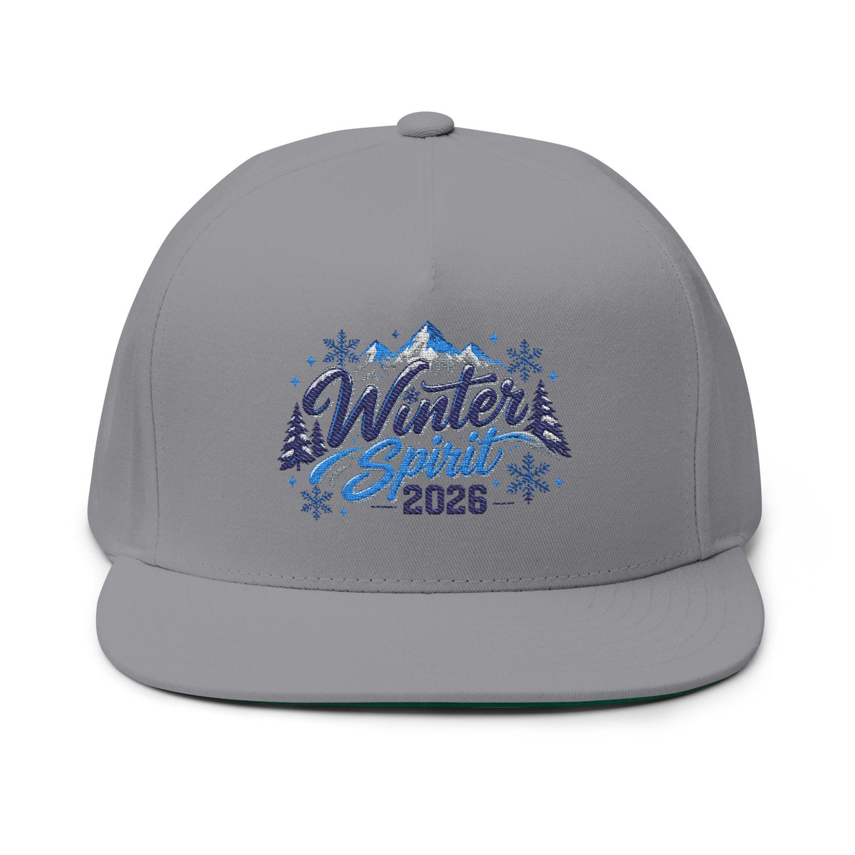 Winter Spirit 2026 Flat Bill Cap – Embroidered Snow Mountain Snapback