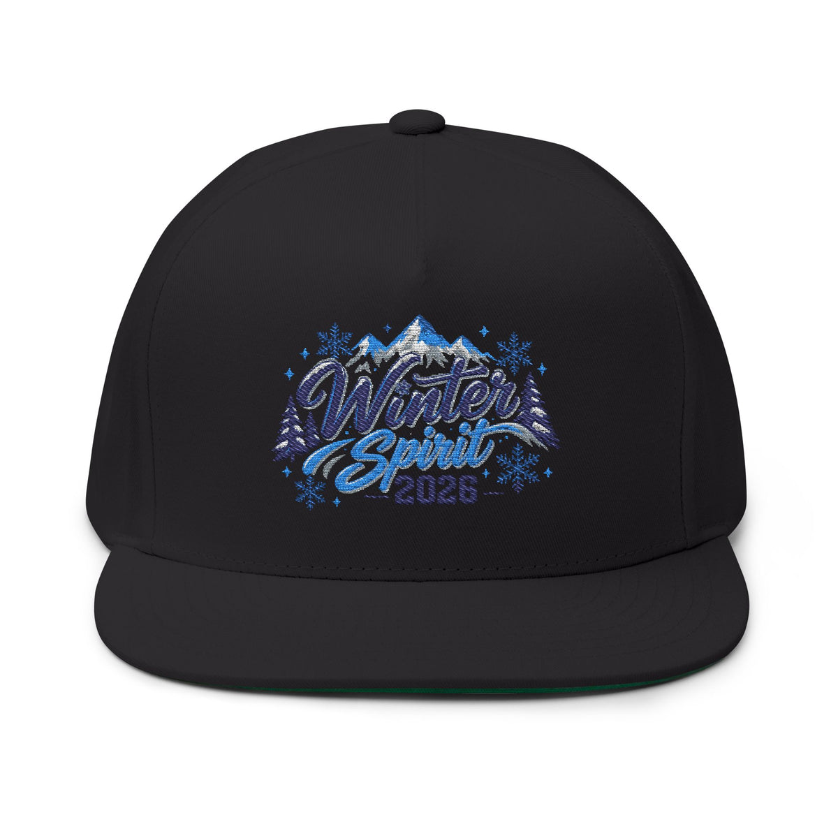 Winter Spirit 2026 Flat Bill Cap – Embroidered Snow Mountain Snapback